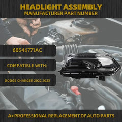 Halogen Headlight with LED DRL & Turn Signal Lights Compatible with Dodge Charger 2022 2023 Headlight Assembly Left Driver Side Black Housing Clear Lens Replaces# 68546771AC
