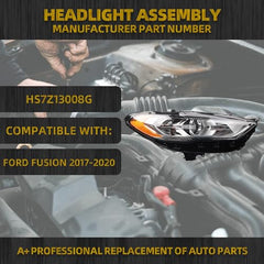 Halogen W/LED DRL Headlight W/bulbs Compatible With Ford Fusion 2017-2020 Right Passenger Side Headlights Assembly Chrome Housing Replace# HS7Z13008G FO2503350