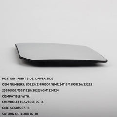 Right Passenger Side Mirror Glasses Assembly with Plastic Backing Plate Heated Glass Compatible With GMC Acadia Chevy Traverse Saturn Outlook Replaces 15951928 30223 80223