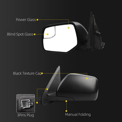 Left Driver Side Mirror Compatible with 2008-2012 Ford Escape with Power Glass, Blind Spot Glass, Non-Heated, Manual Folding, Black Texture Cap Replace#FO1320291 AL8Z17683AA (3Pins)