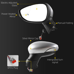 Left Driver Side Mirror Compatible with 2009-2017 Ford Fiesta with Power Heated Glass, Turn Signal, Manual Folding, Silver Cap Replace#FO1320458 FO1320459 (6Pins)