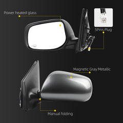 Driver Side Mirror Compatible With 2009-2013 Toyota Corolla With Power Glass Heated Manual Folding Left Door Mirror Gray Replace#8790902A81 TO1320247(5Pins)