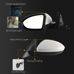 Left Side Mirror Assembly Compatible with 2019-2023 Volkswagen Jetta Driver Side Door Mirror Power Heated Glass Manual Folding Blind Spot Light White Replaces#VW1320182 198074012590(5+2pin)