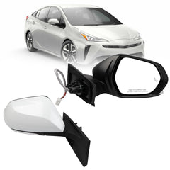 Right Passenger Side Mirror Compatible with 2016-2022 Toyota Prius with Power Heated Glass, Manual Folding, Blind Spot Light, White Paint Replace# TO1321357 (6Pins)