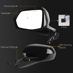 Rear View Mirror Assembly Compatible with Chevy Chevrolet Blazer 2019-2025 Manual Folding Heated Power Glass Replace 84698486 Left Driver Side Black(5Pins)