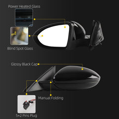 Driver Left Side Door Mirror Assembly Compatible with 2019-2023 Volkswagen Jetta Mirror Power Heated Glass Manual Folding Blind Spot Light Black Replaces#VW1320182 198074012590(5+2pin)