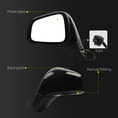 Left Driver Side Mirror Compatible with 2017-2022 Chevy Trax with Power Glass, Manual Folding, Non Heated, Black Mirror Cover Replace# GM1320578 42654474 (3Pins)