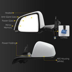 Side Rear View Mirror Compatible with 2020-2024 Tesla Model Y Anti-Glare Glass with Mirror Memory Power Heated Left Driver Side Power Folding #1594111-98-A 159411198A (13pin White)