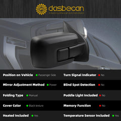 Right Passenger Side Mirror Compatible with 2021-2024 Ford F150 XL/XLT/STX with Temp Sensor, Power Heated Glass, Manual Folding, Black texture Mirror Cover (7pins)