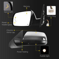 Dasbecan Left Side Mirror Compatible with 07-13 Toyota Tundra, 08-13 Sequoia with Memory, Power Heated Glass, Power Folding, Signal Light, Puddle Light, Chrome Replace# TO1320270 (15Pins)