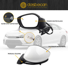 7pins Driver Left Side Mirror Assembly Compatible with 2022-2024 Honda Civic Sedan/Hatchback With Blind Spot Detection, Power Glass, Manual Folding And Heated Platinum White Pearl 76258T20A21