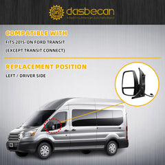 Left Driver Side Mirror Compatible with 2015-Onward Ford Transit 150 250 350 Power Heated Mirror, Amber Signal Light, Short Arm