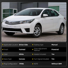 Left Driver Side Mirror Compatible with Toyota Corolla 2014-2019 Power Glass Heated with Turn Signal Light Door Mirror Assembly Replaces 8794002F50 White 7Pins