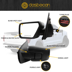 Left Driver Side Mirror Compatible with 2021-2024 Ford F150 with Power Heated Glass, Manual Folding, Blind Spot, Turn Signal, Puddle Light, Black Texture Replace# ML3Z-17683-SA(11 pins)