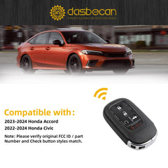 Smart Key Fob Replacement Compatible with 2023 2024 Honda Accord 2022-2024 Civic Car Remote Control Keyless Entry FCC ID#KR5TP-4 Replace#72147-T20-A11 5 Buttons with Coin Battery