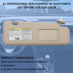 Front Right passenager Side Sun Visor with Light Compatible with Toyota Highlander 2008-2013 74310-48520-E0,74320-48490-E0 (Beige)