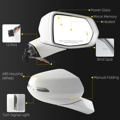 Rear View Mirror Assembly Compatible with Chevy Chevrolet Blazer 2019-2025 Manual Folding Heated Power Glass Blind Spot Turn Signal Light Replace 84698494 Right Passenger Side White(12Pins)