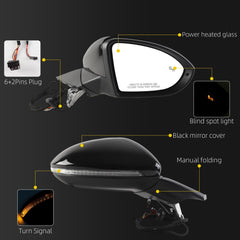 Black Right Side Mirror Compatible with 2015-2020 VW Golf Passenger Side Mirror 6+2Pins Power Heated Glass/ Blind Spot Light/ Turn Signal/ Manual Folding Replace 5GM857508
