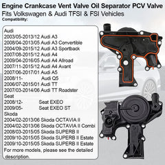 PCV Valve Engine Crankcase Vent Oil Separator Breather Hose Kit Compatible with Audi A3 A4 A5 Q5 TT VW Beetle CC Jetta Passat Tiguan Seat Skoda Replaces# 06H103495 06H103495B
