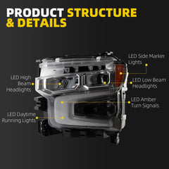 LED Headlight Assembly Left side Compatible With 2022-2026 Chevy Silverado 1500 LT/RST/LT Trail Boss Replaces# 85594431 85594433 85594435 85594439 Silver Chrome Bezel No Greeting Light