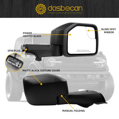 Passenger Side Mirror Compatible With 2021-2024 Ford Bronco Right Mirror w/Power Heated Glass/Manual Folding/Blind Spot Glass Black Texture Cover (5pins)