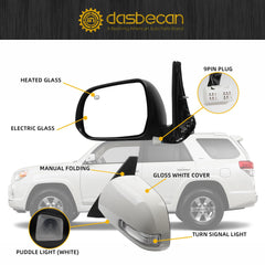 Left Driver Side Mirror Compatible with 2010-2013 Toyota 4runner with Power Heated Glass, Manual Folding, Turn Signal, Puddle Light, Gloss White Cover Replace# TO1320263 8794035A31-PFM(9Pins)