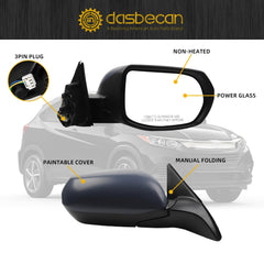 Right Passenger Side Mirror Compatible with 2017-2022 Honda HRV LX with Power Glass, Manual Folding, Paintable Cover, Non-Heated Replace# HO1321285 76208T7W305(3Pins)