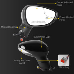 Right Passenger Side Mirror Compatible with 2009-2017 Ford Fiesta with Power Heated Glass, Turn Signal, Manual Folding, Black Texture Cap Replace#FO1321458 FO1321459 (6Pins)