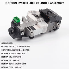 Ignition Switch Lock Cylinder Assembly Compatible with Honda Accord CRV FIT Odyssey Civic 2006-2011 06350-SAA-G30 35100-SDA-A71 (with Chip ID46 Keys)
