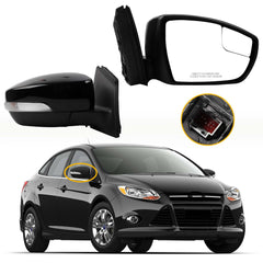 7Pins Passenger Side Mirror Compatible with 2012-2014 Ford Focus Right Rearview Mirror w/BSM, Turn Signal, Manual Folding, Power Glass and Temperature Sensor Glossy Black Paint