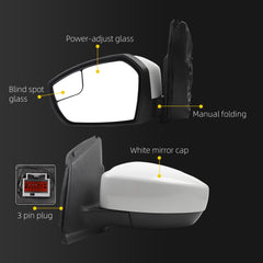 Left Driver Side Mirror Compatible with 2017-2019 Ford Escape with Power Glass, Manual Folding, Non Heated, White Mirror Cap Replace# FO1320564 GJ5417683BC(3Pins)
