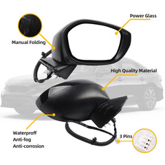Passenger Right Side Mirror Compatible with 2022-2025 Honda Civic With Power Glass, Manual Folding, Match to Crystal Black Pearl Replaces# HO1320350 76208T20A01 (3Pins)