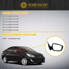 Right Passenger Side Mirror Compatible with 2012-2017 Hyundai Accent Gloss Black Door Mirror with Power Glass, Manual Folding Replace# HY1321180 87620-1R210 876201R210 (3 pins)