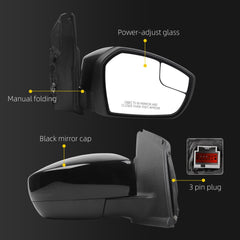 Right Passenger Side Mirror Compatible with 2017-2019 Ford Escape with Power Glass, Manual Folding, Non Heated, Black Mirror Cap Replace# FO1321564 GJ5417682BB(3Pins)