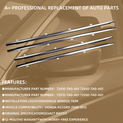 4Pcs Weatherstrip Window Seal Chrome Car Window Moulding Trim Compatible with Honda Accord 2008-2012 Replaces#72410-TA0-A01 72450-TA0-A01 72910-TA0-A01 72950-TA0-A01