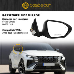 Right Passenger Side Mirror Compatible with Hyundai Tucson 2022-2025 with Power Glass, Heated, Blind Spot Detection, Turn Signal Door Mirror Replace# 87620-CW030 HY1321328 8Pins Black Painted