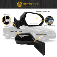 Right Passenger Side Mirror Compatible with 2016-2022 Toyota Prius with Power Heated Glass, Manual Folding, Blind Spot Light, Black Paint Replace# TO1321357 (6Pins)
