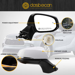 Right Passenger Side Mirror DIY Paintable Compatible with 2020-2024 Toyota Highlander With Power Heated Glass/Turn Signal/Manual Folding/Blind Spot Detection Replace#87910-0E370 (7Pins)