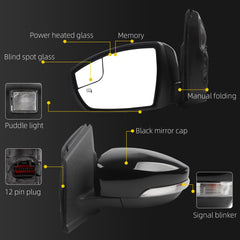 Left Driver Side Mirror Assembly Compatible with 2013-2016 Ford Escape with Memory Power Heated Blindspot Glass Manual Folding Puddle Light and Signal Blinker Replace# FO1320437 Black(12pins)