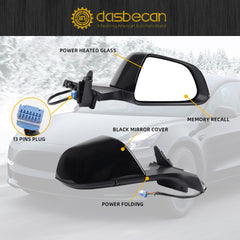Passenger Side Mirror Assembly Solid Black Compatible with 2017-2023 Tesla Model 3 Right Side Rearview Mirror with Power Adjusted/ Power Fold/ Heated Glass/ Memory Recall