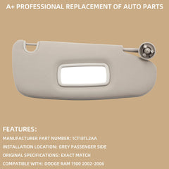 Gray Right Passenger Side Car Sun Visor W/Mirror Compatible with Dodge Ram 1500 2500 3500 2002 2003 2004 2005 2006 2007 2008 2009 Replaces# 1CT18TL2AA