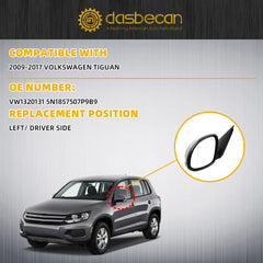 Left Driver Side Mirror Compatible with 2009-2017 Volkswagen Tiguan Side View Mirror with Electric Heated Glass Turn Signal Manual Folding VW1320131 5N1857507P9B9 Gloss White Cover (6 Pins)