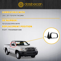 Passenger Side Mirror Compatible With 2005-2011 Toyota Tacoma Right Mirror With Manual Folding/Power Glass Replaces# TO1321256 Matte Black (3pins)