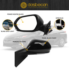 Left Driver Side Mirror Compatible with 2016-2022 Toyota Prius with Power Heated Glass, Manual Folding, Blind Spot Light, Black Paint Replace# TO1320357 (6Pins)