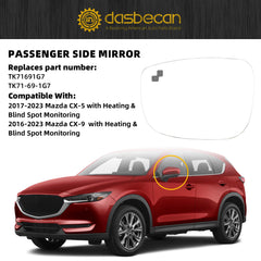 Left Driver Side Mirror Glass Compatible with Mazda CX-5 2017-2023 CX-9 2016-2023 with Heated Blind Spot Detection Convex Glass with Backing Plate Replaces TK71-69-1G7