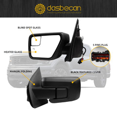 Left Driver Side Mirror Compatible with 2021-2024 Ford F150 XL/XLT/STX with Power Heated Glass, Manual Folding, Black Texture Mirror Cover (5pins)