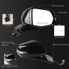 Rear View Mirror Assembly Compatible with Chevy Chevrolet Blazer 2019-2025 Manual Folding Heated Power Glass Blind Spot Turn Signal Light Replace 84698494 Right Passenger Side Black(12Pins)
