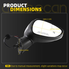 Right Passenger Side Mirror Compatible with 2009-2017 Ford Fiesta with Power Heated Glass, Turn Signal, Manual Folding, Silver Cap Replace#FO1321458 FO1321459 (6Pins)