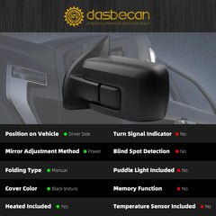 Left Driver Side Mirror Compatible with 2021-2024 Ford F150 XL/XLT/STX with Power Heated Glass, Manual Folding, Black Texture Mirror Cover (5pins)