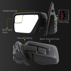 5pins Left Outside Mirror Assembly Compatible With 2021 2022 2023 2024 Ford F-150 Power Adjustment Heated Manual Folding Matte Black Rearview Mirror